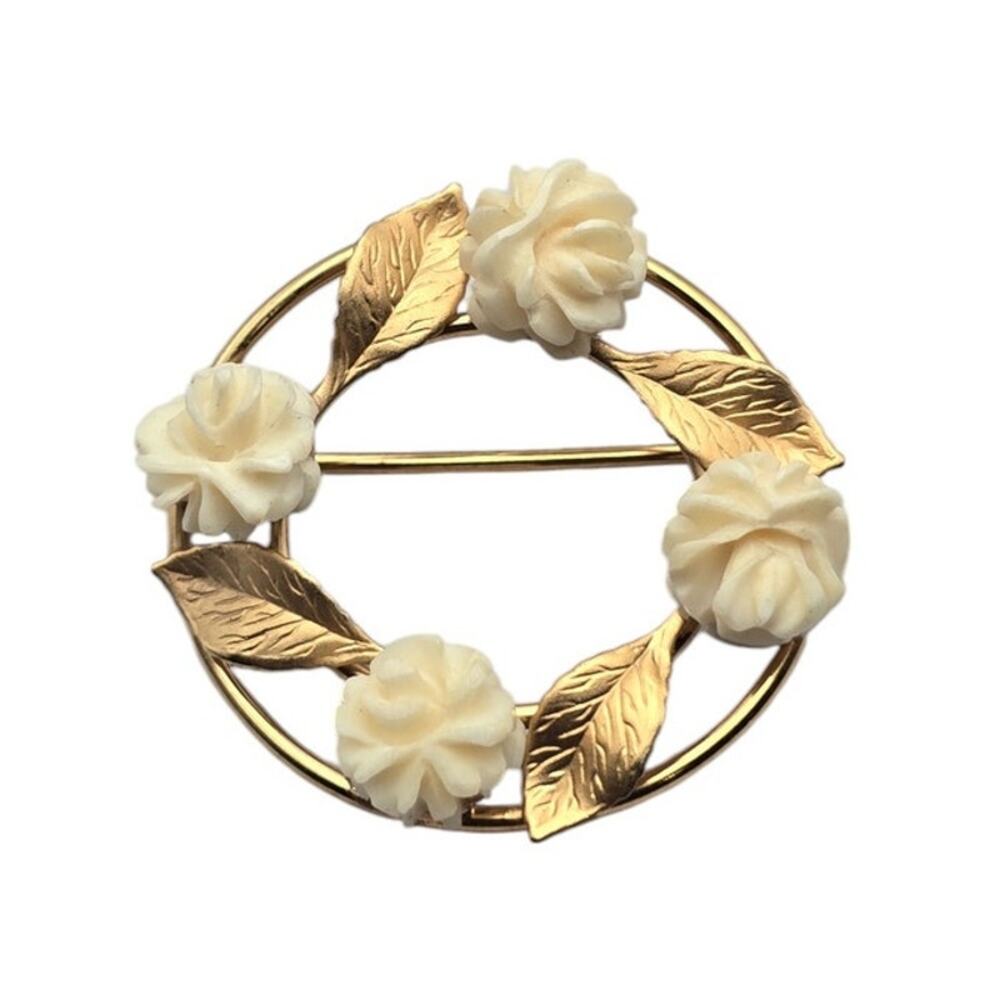 C.R. Co 12K Gold Filled Rose Brooch Carved Floral Wreath Vintage Mid Century
